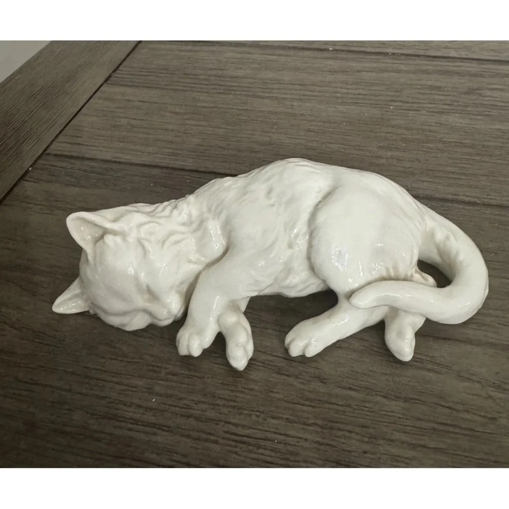White Ceramic Sleeping Cat Figurine